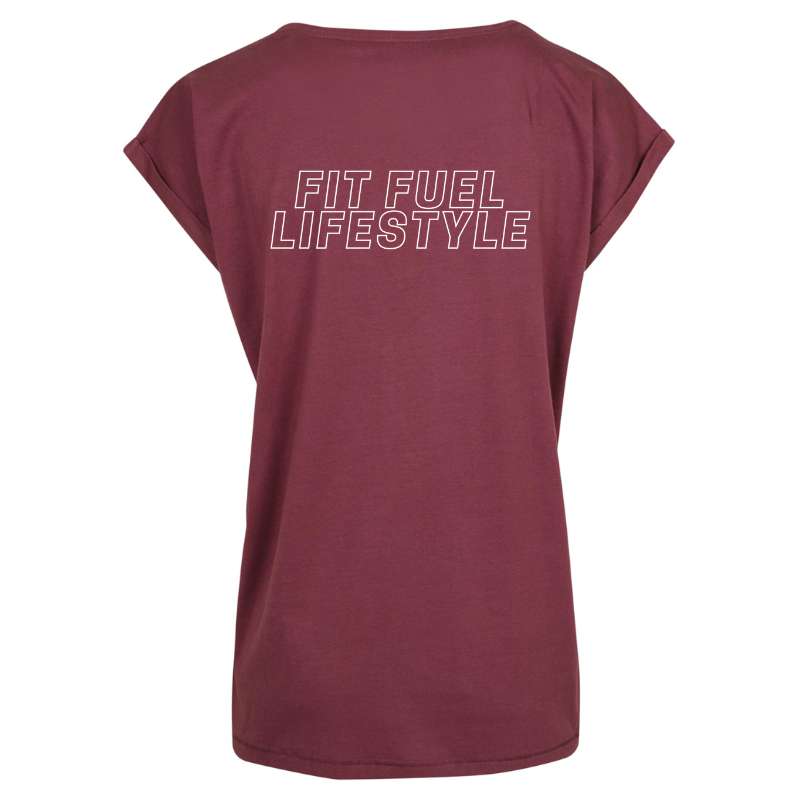 Achteraanzicht van het cherry Fit Fuel Lifestyle dames sport T-shirt – functioneel ontwerp met vrouwelijke look.