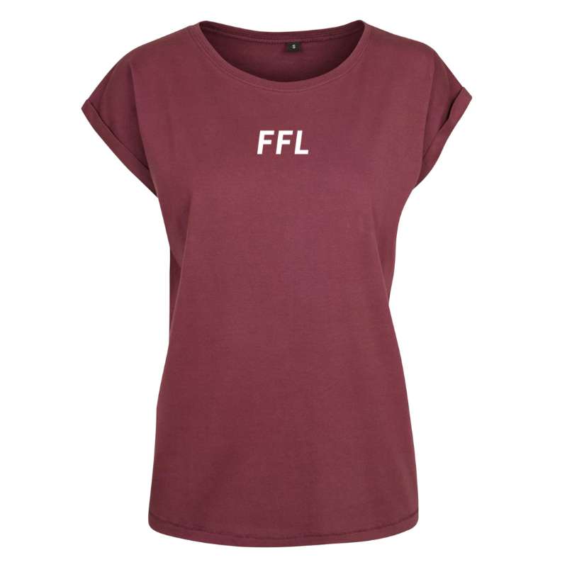 Vooraanzicht van het cherry rode Fit Fuel Lifestyle dames sport T-shirt – energiek, stijlvol en ontworpen voor actieve vrouwen.