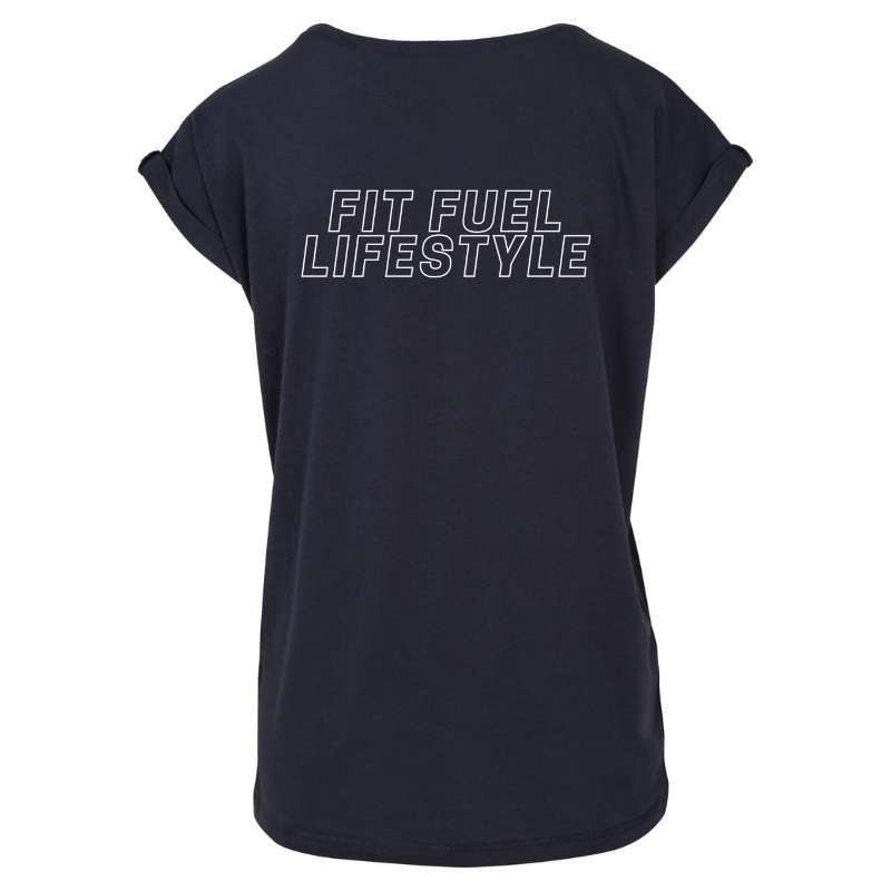 Achteraanzicht van het navy Fit Fuel Lifestyle dames sport T-shirt – functioneel design met focus op bewegingsvrijheid.
