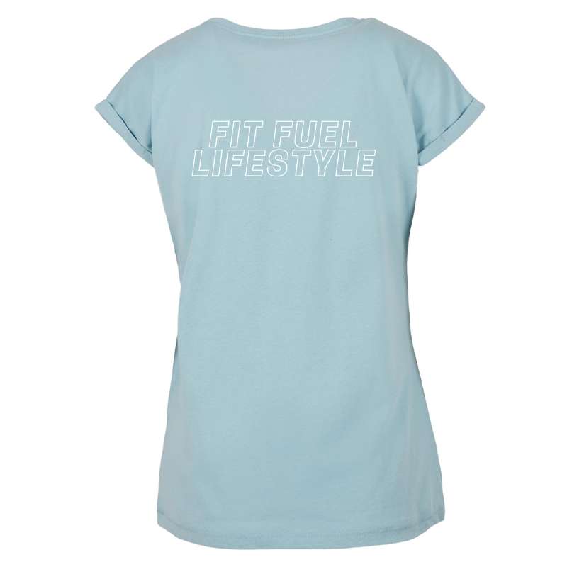 Achteraanzicht van het Ocean Blue Fit Fuel Lifestyle dames sport T-shirt – ontworpen voor bewegingsvrijheid en performance.
