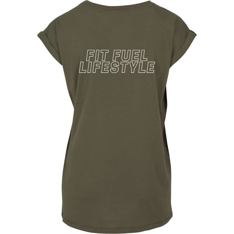 Achteraanzicht van het olive Fit Fuel Lifestyle dames sport T-shirt – functioneel design voor optimale bewegingsvrijheid.