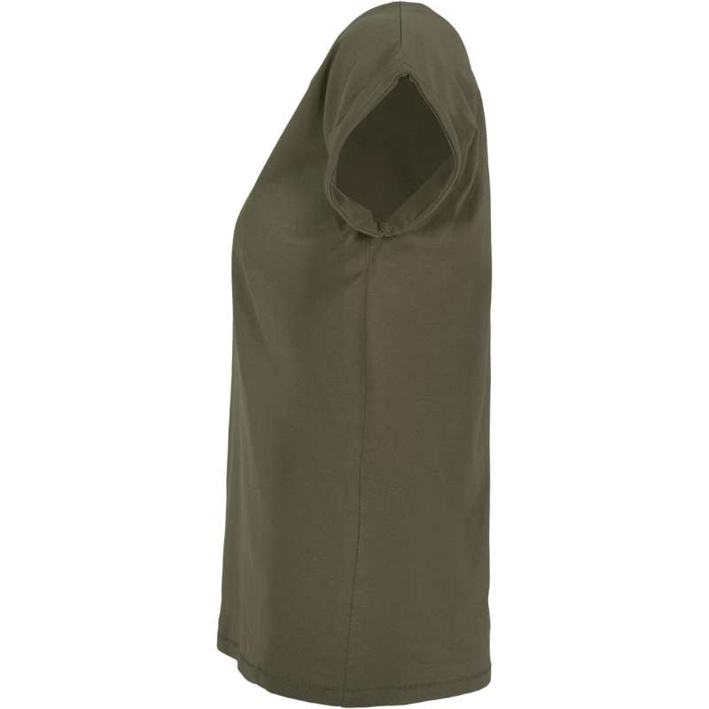 Zijaanzicht van het olive Fit Fuel Lifestyle dames sport T-shirt – ademend materiaal en sportieve stijl.