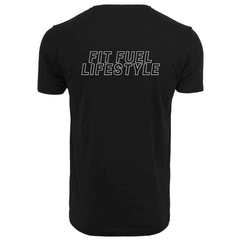 Achteraanzicht van het zwarte Fit Fuel Lifestyle heren sport T-shirt – functioneel en stijlvol voor elke workout.