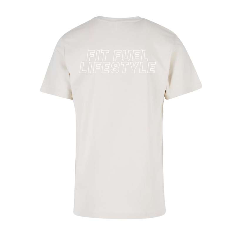 Achteraanzicht van het sandkleurige Fit Fuel Lifestyle heren sport T-shirt – functioneel en stijlvol voor een actieve levensstijl.