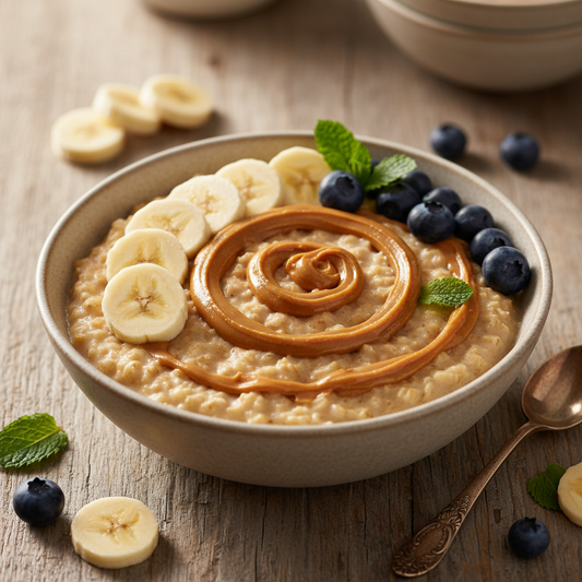 Kom high protein havermout met banaan, pindakaas en blauwe bessen op houten tafel