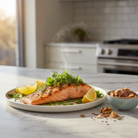 Gegrilde zalm met citroen en kruiden op wit bord, omringd door walnoten en lijnzaad als omega 3 bronnen
