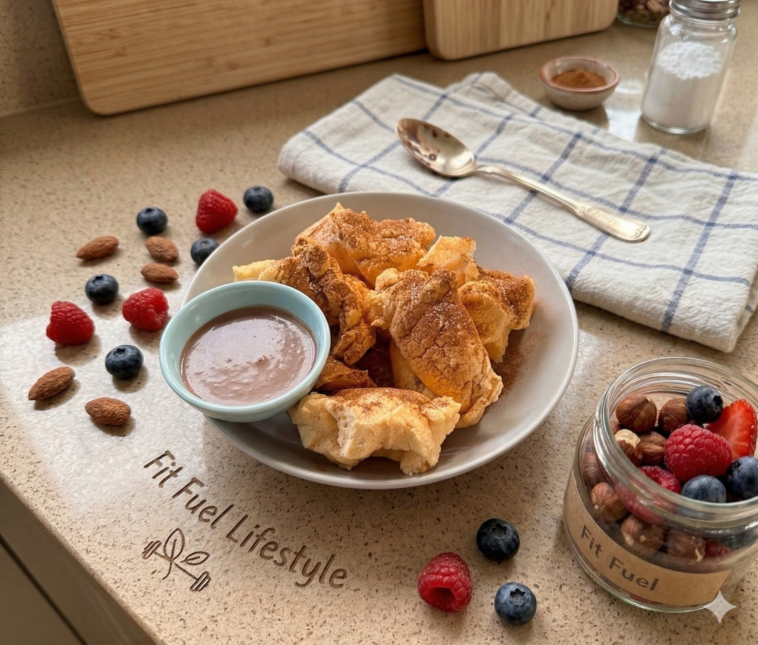 Eiwit soezen op een bord met chocolade dip, bestrooid met kaneel, omringd door vers fruit en noten