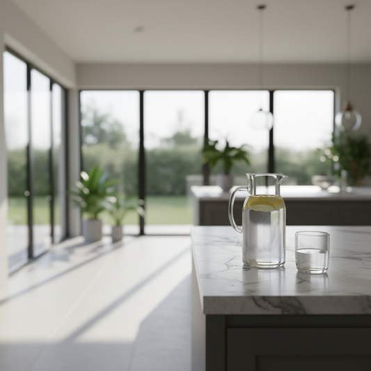 Waterkan met citroen op marmeren aanrecht - watervasten