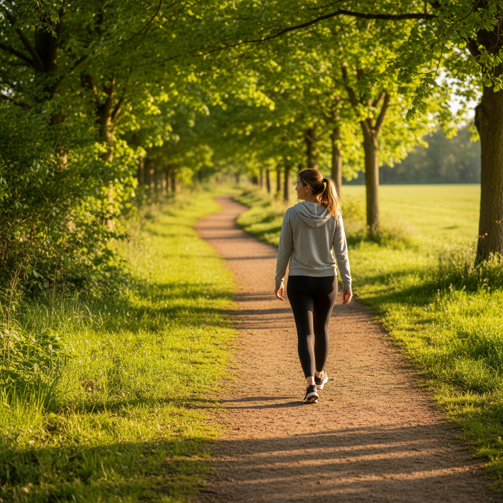 Vrouw wandelt door park als dagelijkse beweging voor gewichtsverlies