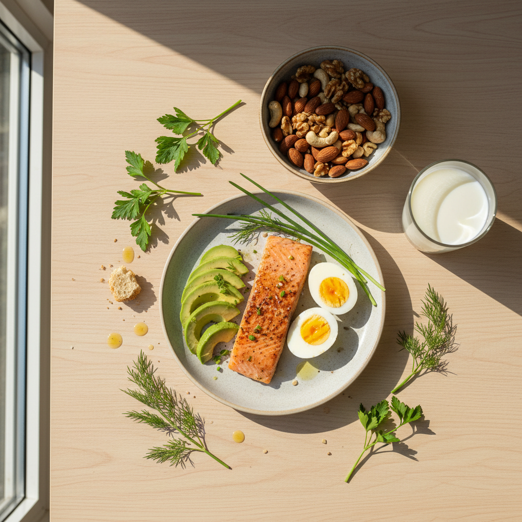 Gezonde maaltijd met zalm, avocado, eieren en noten voor vitamine D3 en K2