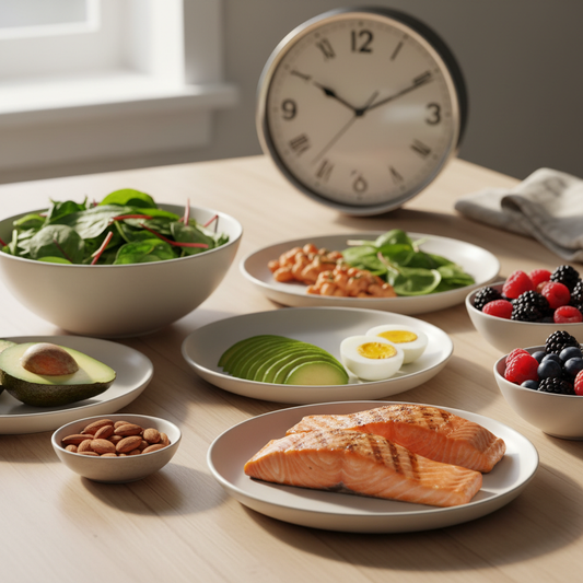 Gezonde maaltijden met zalm, avocado, eieren en bessen op een houten tafel met een klok op de achtergrond die 12 uur aanwijst, als symbool voor intermittent fasting