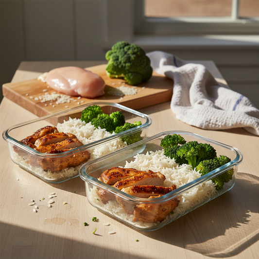 Kip rijst broccoli meal prep bakjes, fitness maaltijd
