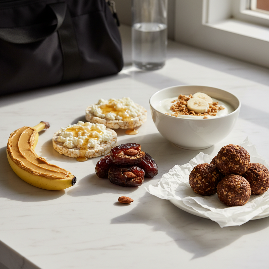 Pre-workout snacks spread op keukenaanrecht met sporttas op achtergrond