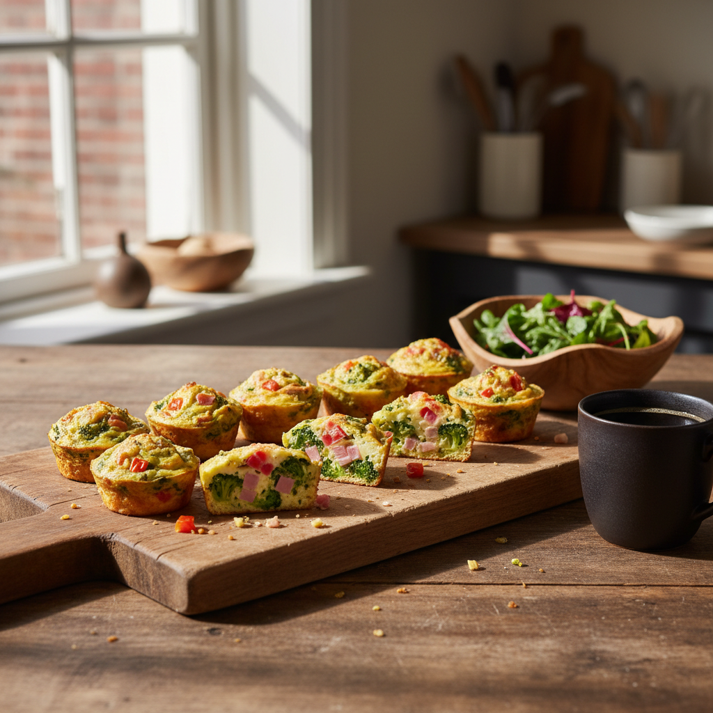 Ei muffins op een snijplank met koffie en salade