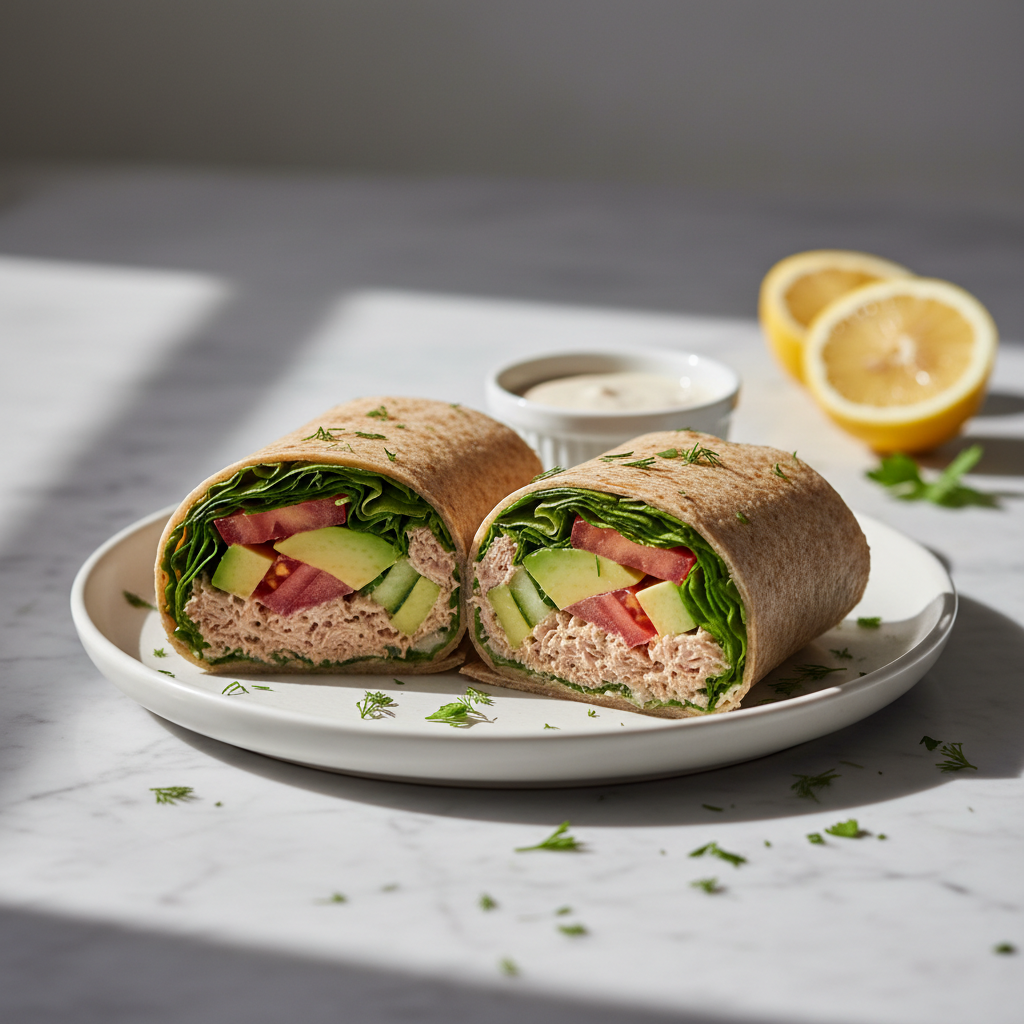 Wrap met tonijn, avocado en verse groenten op een wit bord, eiwitrijke lunch
