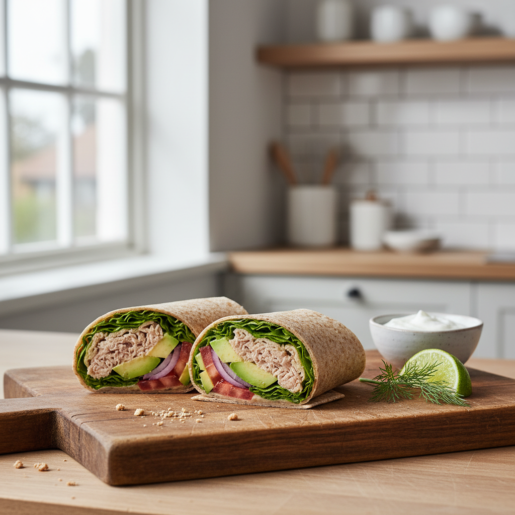 Eiwitrijke wrap met tonijn, avocado en sla op een houten plank, gezonde fitness lunch