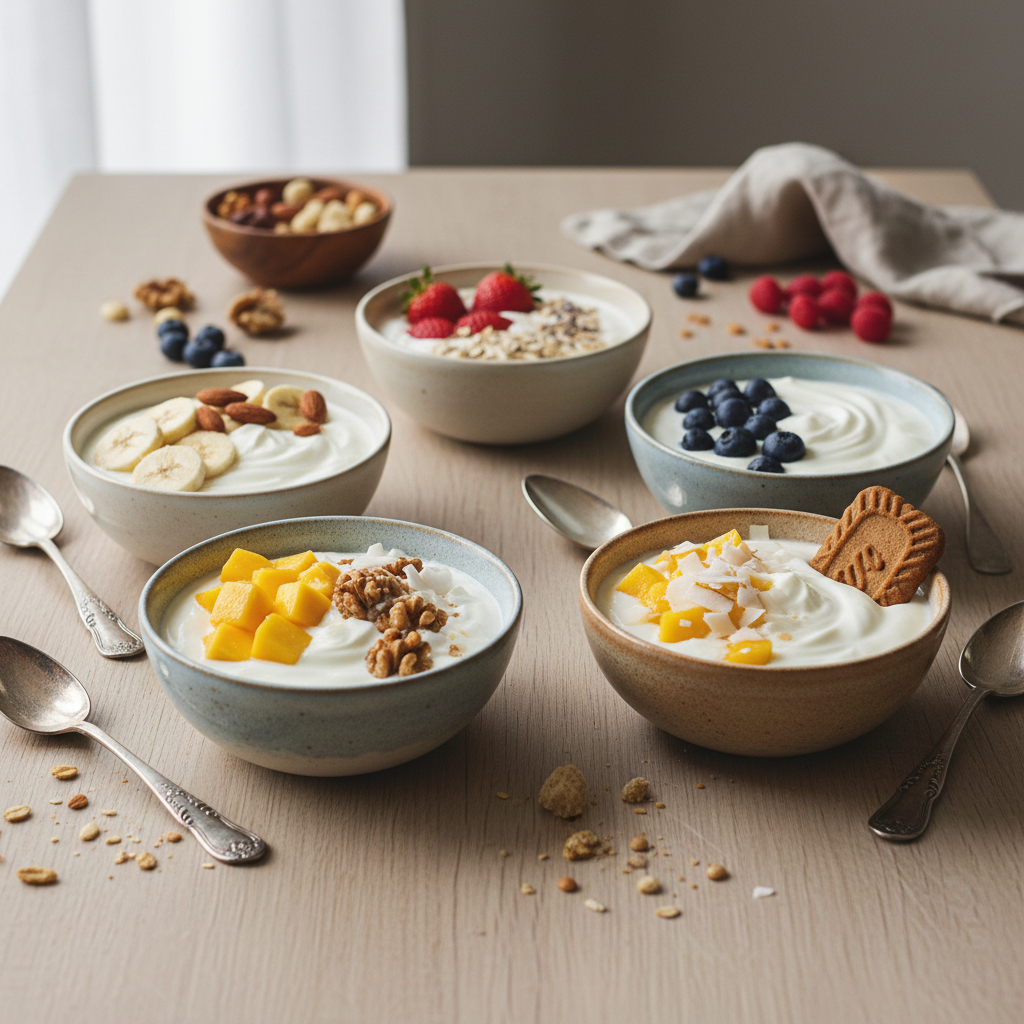 Vijf kwarkbowls met verschillende eiwitrijke toppings naast elkaar