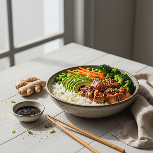 Recovery bowl post workout maaltijd met teriyaki kip, rijst en groenten op witte tafel