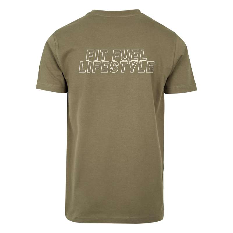 Achteraanzicht van het olive Fit Fuel Lifestyle heren sport T-shirt – ontworpen voor performance en bewegingsvrijheid.